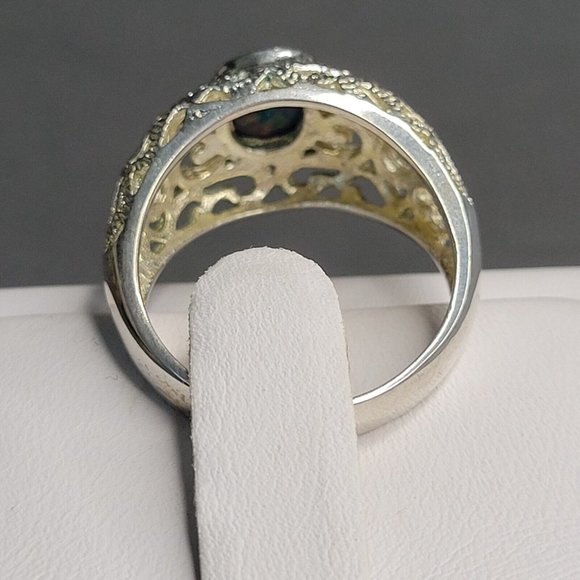 925 Silver Blue Opal Oval Shape Stone Fashion Dome Ring Filigree Size 8 1/2 - Picture 4 of 7